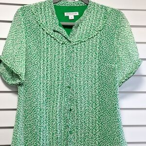 Pendleton 18 Blouse Green White Abstract Short Sleeve Pintuck 100% Silk